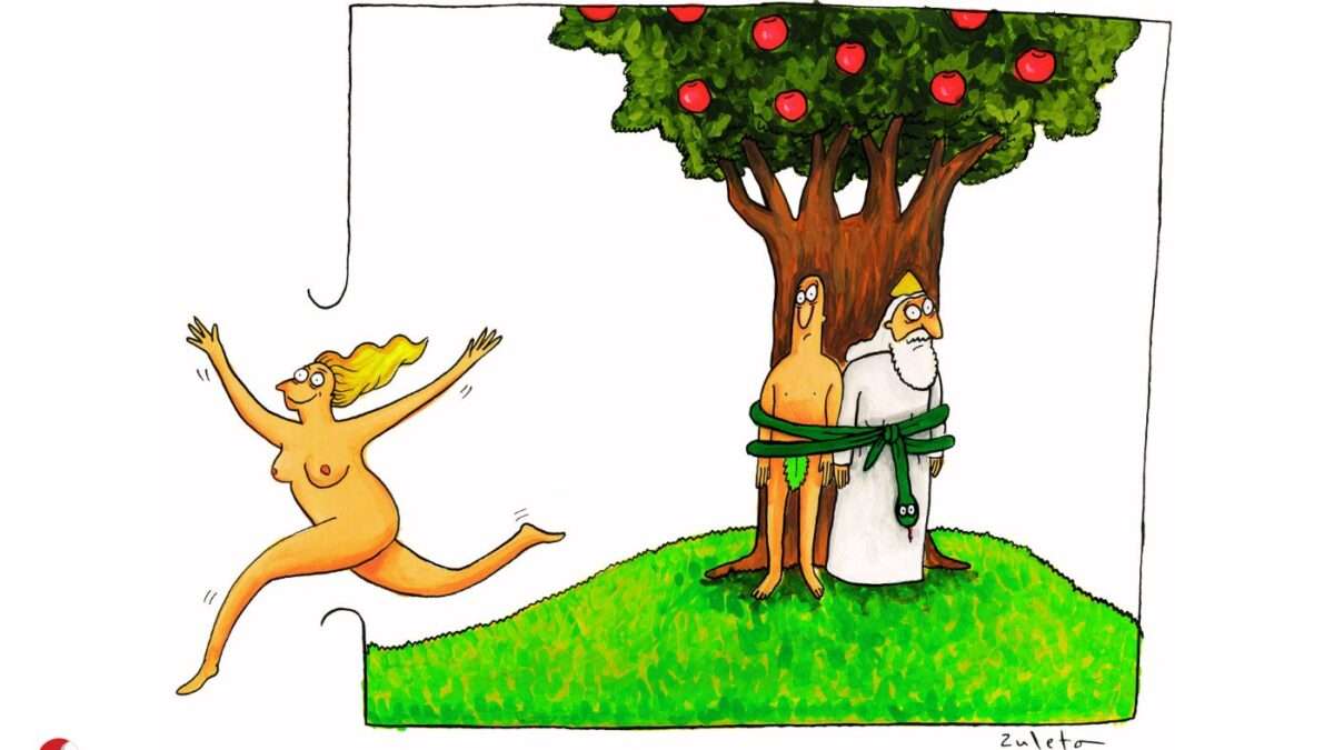 Ilustração humorística de uma mulher correndo livremente enquanto Adão e Deus estão amarrados a uma árvore no Éden.