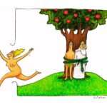 Ilustração humorística de uma mulher correndo livremente enquanto Adão e Deus estão amarrados a uma árvore no Éden.