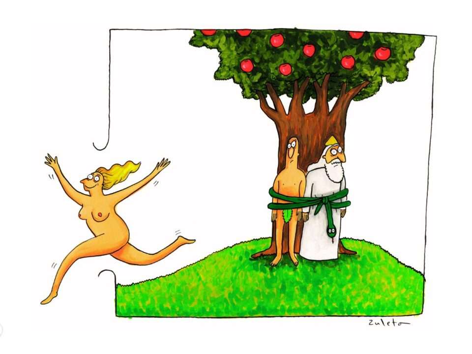 Ilustração humorística de uma mulher correndo livremente enquanto Adão e Deus estão amarrados a uma árvore no Éden.