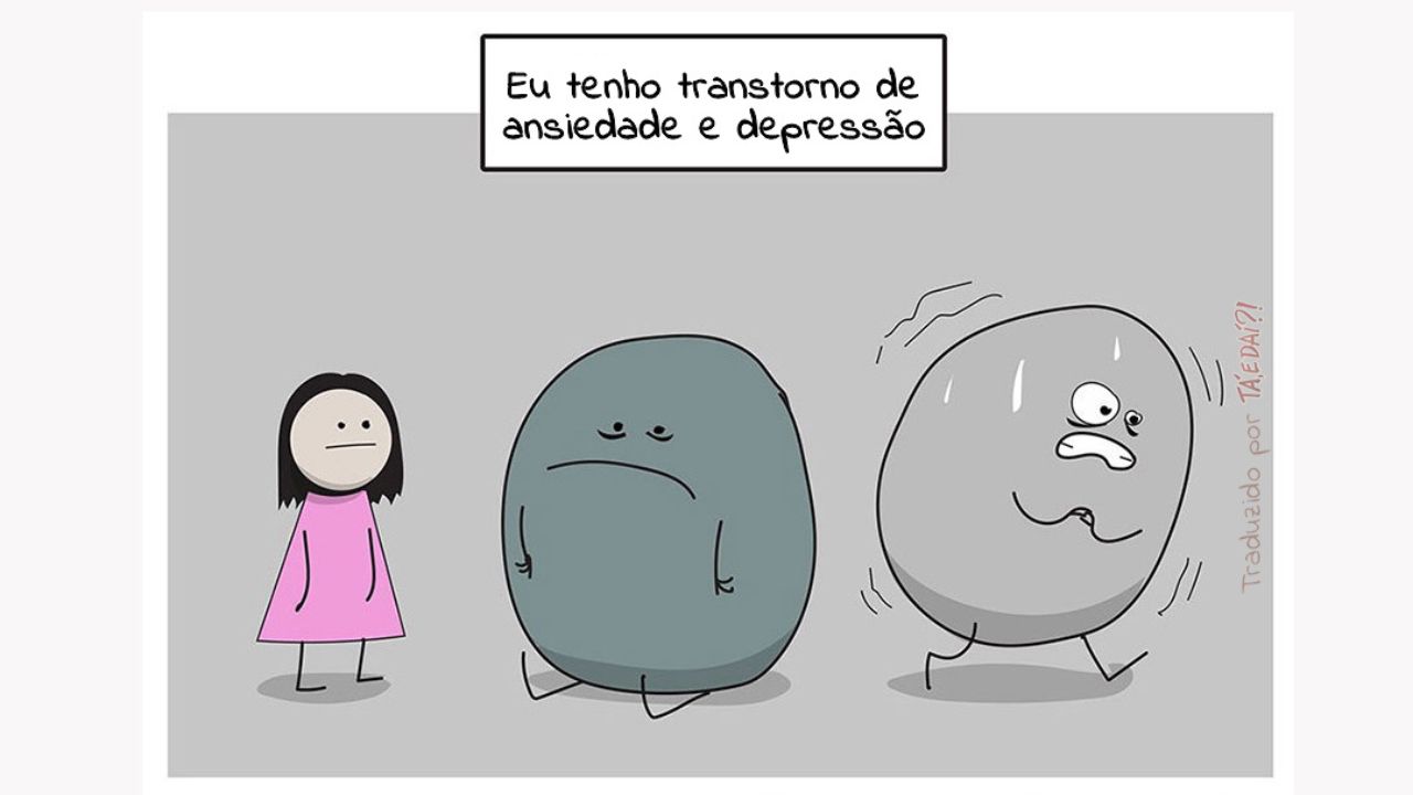 ilustração de uma pessoa ao lado de duas figuras que representam a depressão e o transtorno de ansiedade, destacando o impacto negativo dessas condições na vida diária.