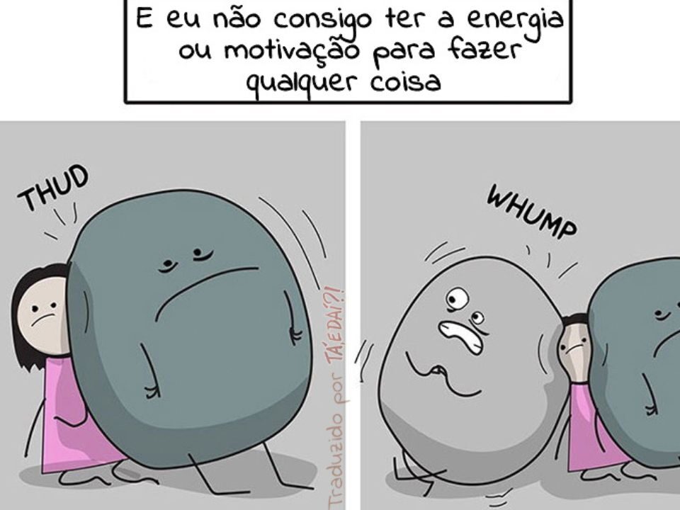 Imagem mostra uma pessoa pressionada por figuras que representam a ansiedade e a depressão, ilustrando como essas condições consomem energia e motivação.