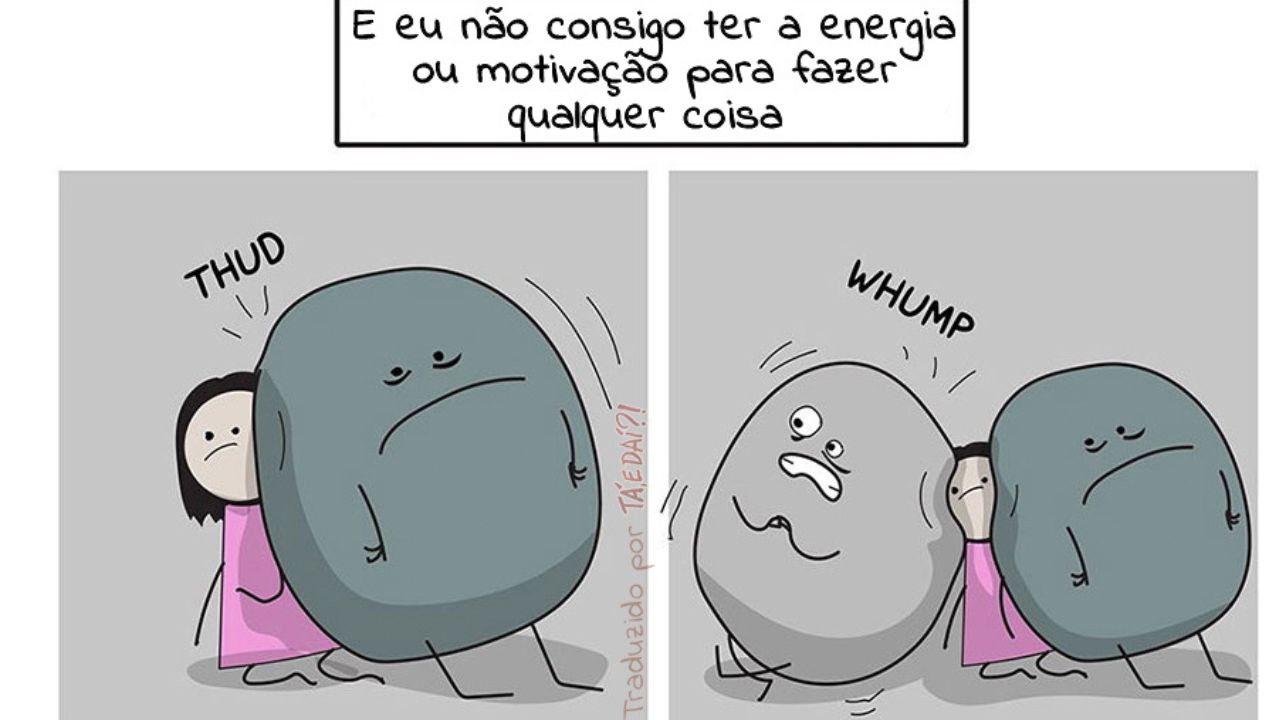 Imagem mostra uma pessoa pressionada por figuras que representam a ansiedade e a depressão, ilustrando como essas condições consomem energia e motivação.