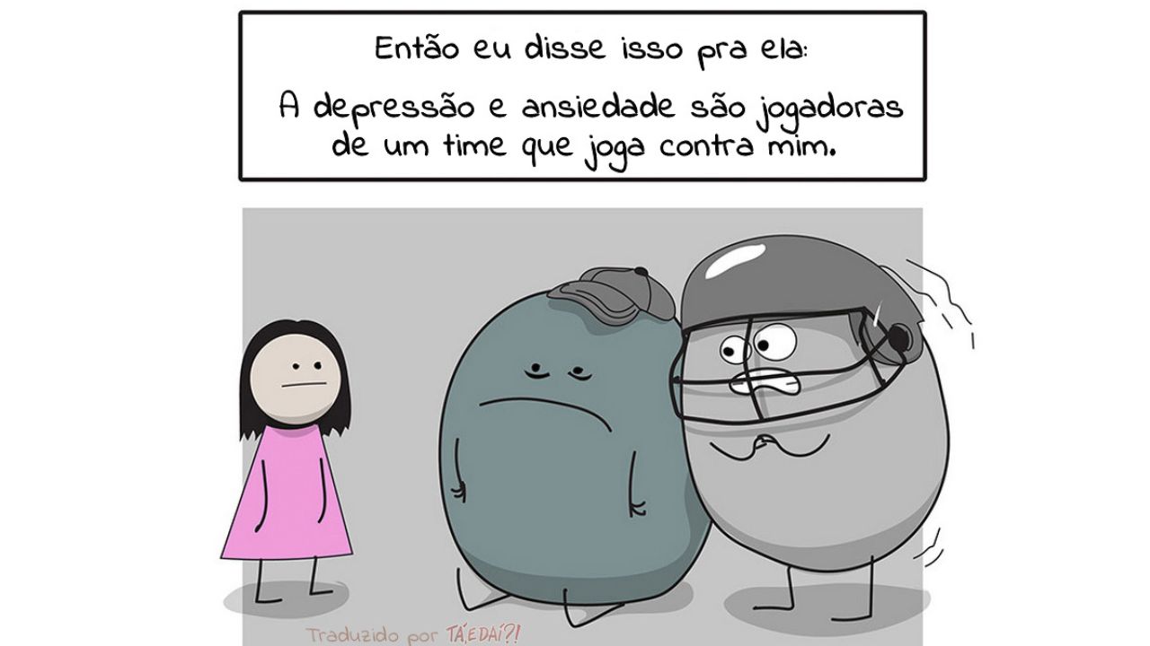 ilustração de menina entre as figuras cinzas da ansiedade e depressão jogando contra ela