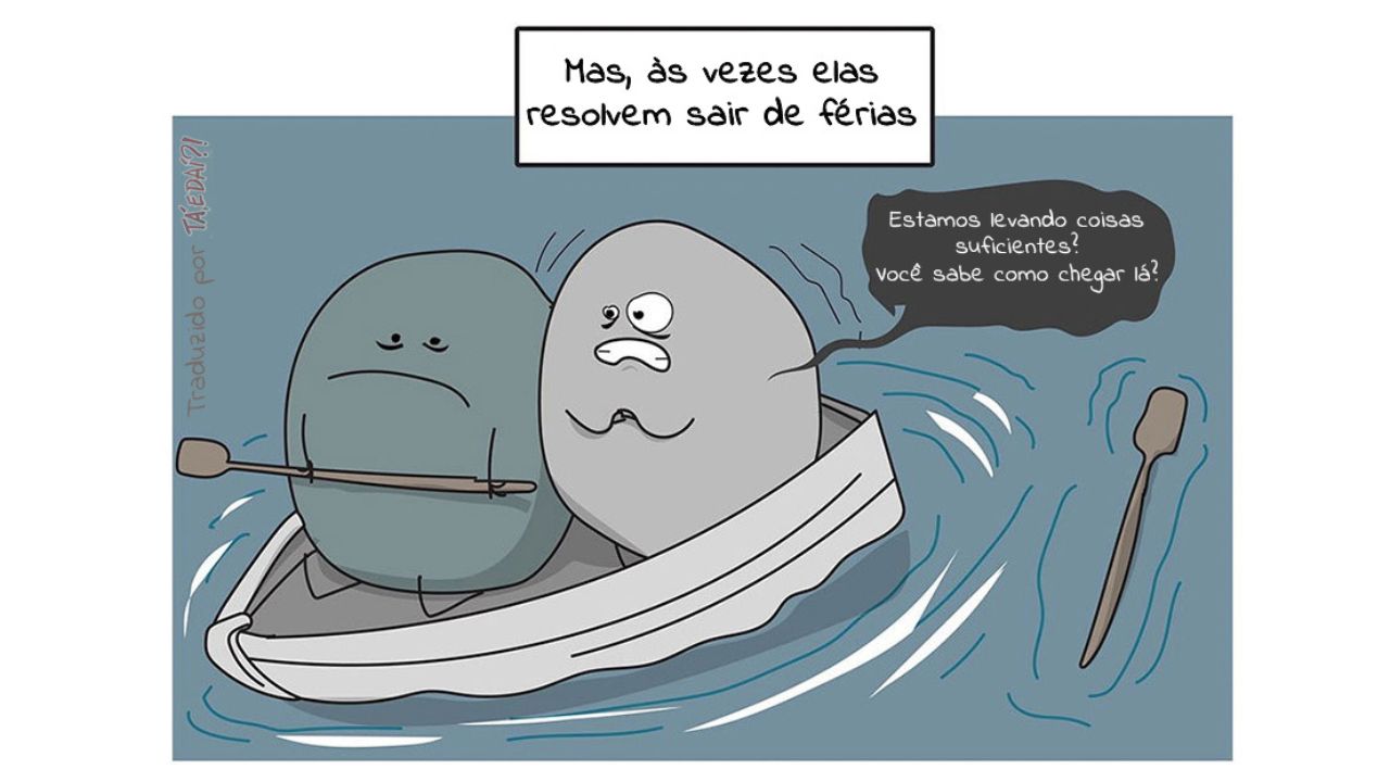 Na imagem, duas figuras simbolizando ansiedade e depressão remam em um barco. A pergunta é sobre levar coisas suficientes nos poucos momentos de melhora. O texto diz: "Mas, às vezes elas resolvem sair de férias".