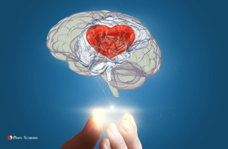 Uma representação do cérebro com um coração no centro, simbolizando a inteligência emocional e a capacidade de lidar com emoções