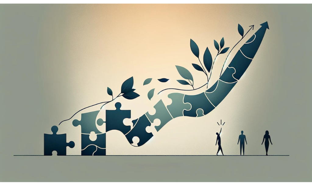 Puzzle de crescimento com peças formando uma seta ascendente e folhas, simbolizando a importância da saúde mental