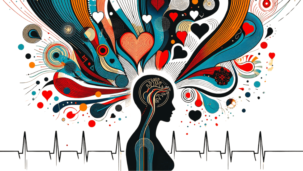 Silhueta com ECG e formas coloridas simbolizando estresse e emoções