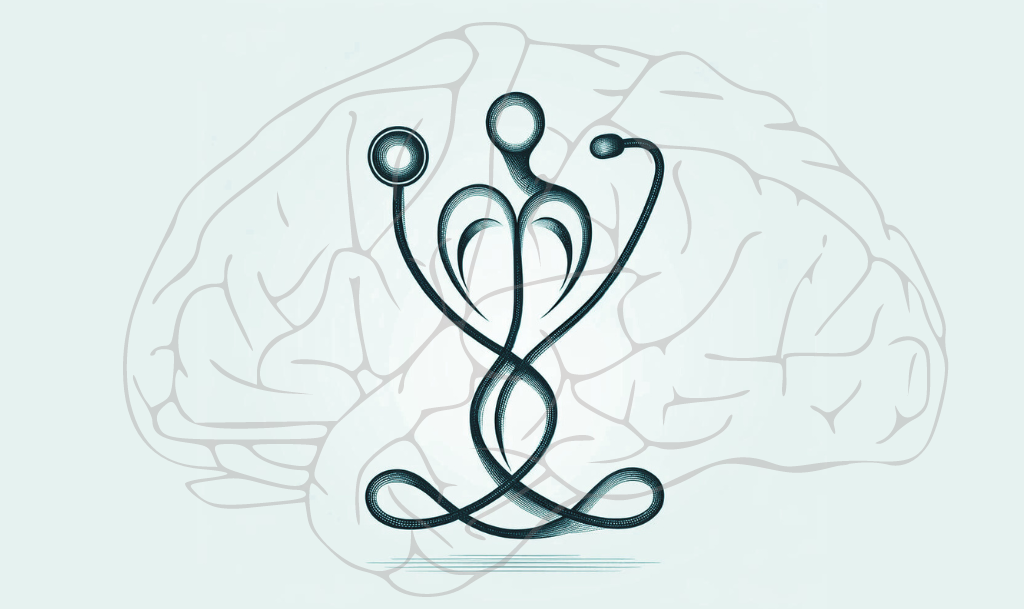 figuras do corpo o cérebro e o estetoscópio simbolizando a divisão da mente e corpo na medicina