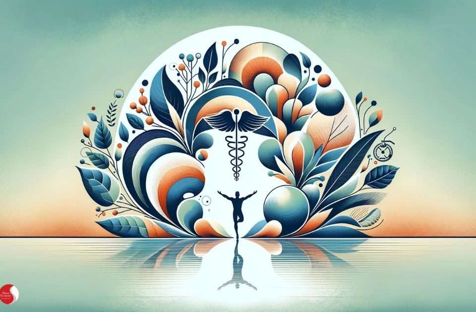 Ilustração artística representando integração entre medicina, psicologia e natureza no cuidado com a saúde integral