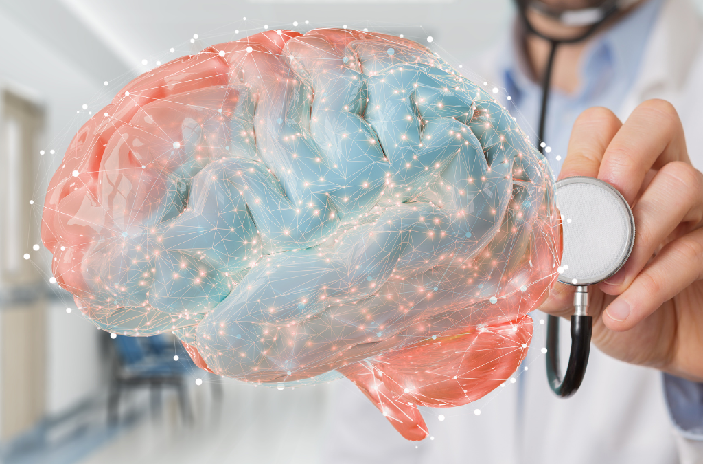 médico com estetoscópio e uma imagem de cerebro representando a necessidade do dialogo entre medicina e psicologia