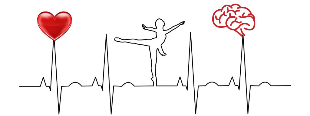 Ilustração de ECG ligando coração, figura humana equilibrada e cérebro, simbolizando o autoconhecimento psíquico