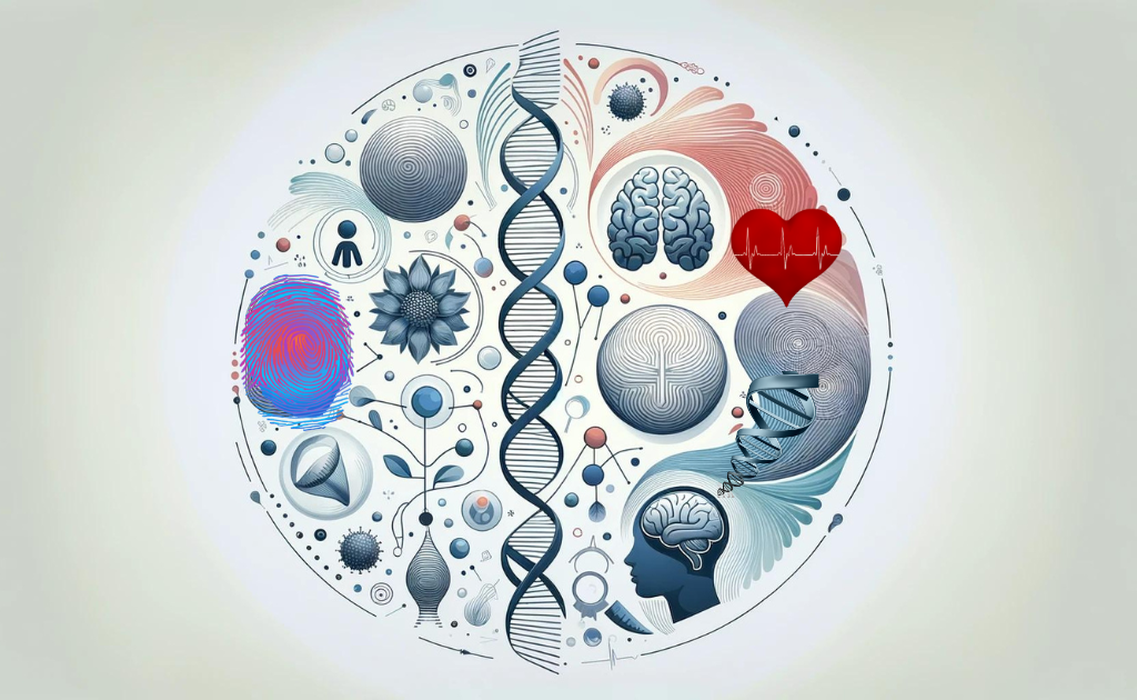 Infográfico abstrato de mente e emoção, com DNA, cérebro e coração, ilustrando a interconexão neuro-psicossocial