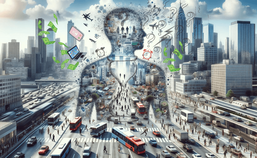 A imagem ilustra uma cidade movimentada com ícones flutuantes representando tecnologia, dinheiro e duvidas, sugerindo que as pressões da vida moderna produzem estresse e impactam a saúde mental