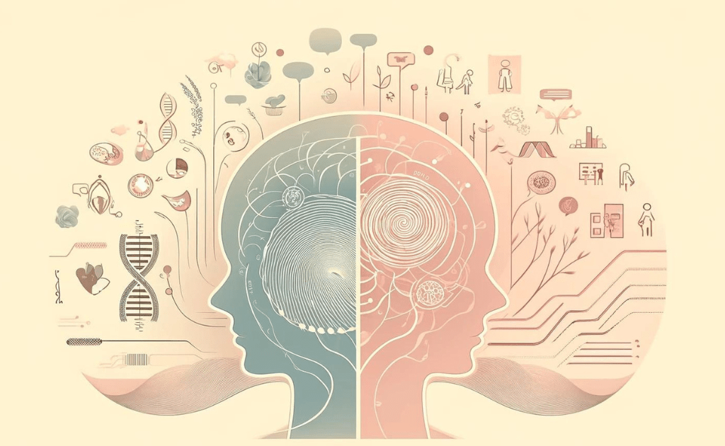 Imagem minimalista representando fatores biopsicossociais nas causas do pânico: biológicos com DNA, psicológicos com emoções abstratas, e ambientais nas causas do transtorno do pânico