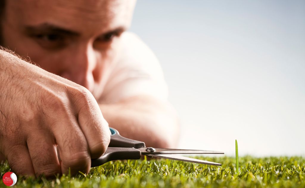 um homem aparando grama com uma tesoura de precisão, simbolizando o perfeccionismo e a busca excessiva por detalhes, que pode levar ao cansaço extremo e fadiga mental.