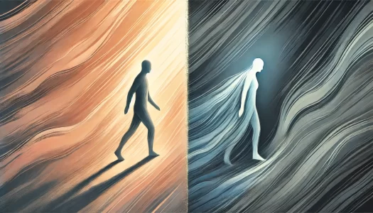 Ilustração abstrata de figuras humanas simbolizando a diferença entre tristeza e depressão, com luz suave para tristeza e sombras para a depressão persistente