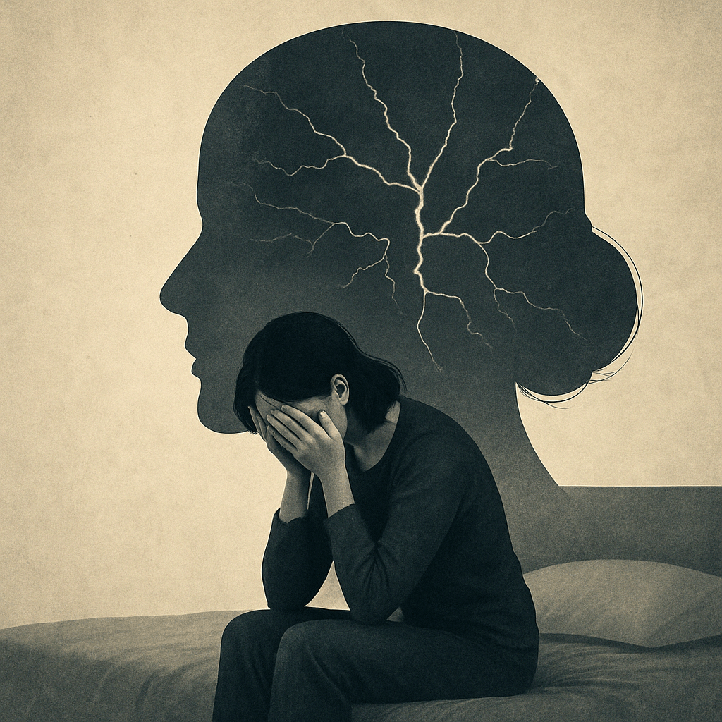 Ilustração simbólica de uma mulher sentada com as mãos no rosto, com rachaduras mentais projetadas atrás da cabeça, representando o colapso psíquico do esgotamento.