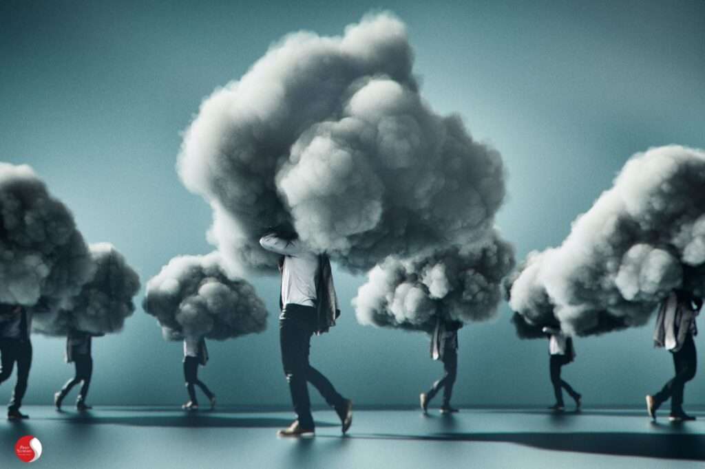 Pessoas caminhando com nuvens escuras sobre a cabeça, representando o sofrimento psíquico invisível em contextos profissionais disfuncionais.