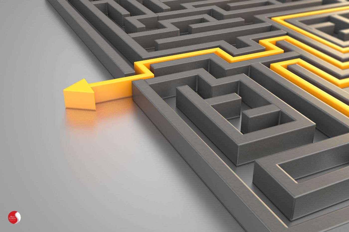 Labirinto com seta indicando saída: metáfora do aconselhamento psicológico como clareza em meio à confusão.