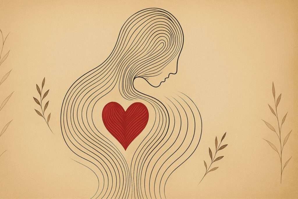 Ilustração minimalista representando perfil feminino com linhas fluidas e um coração no centro, simbolizando a importância das emoções.