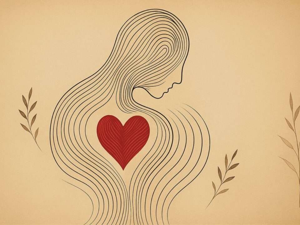 Ilustração minimalista representando perfil feminino com linhas fluidas e um coração no centro, simbolizando a importância das emoções.