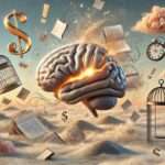 Ilustração surrealista de um cérebro simbolizando a exaustão mental, cercado por elementos visuais que representam sobrecarga cognitiva, tensão emocional e limites ignorados.