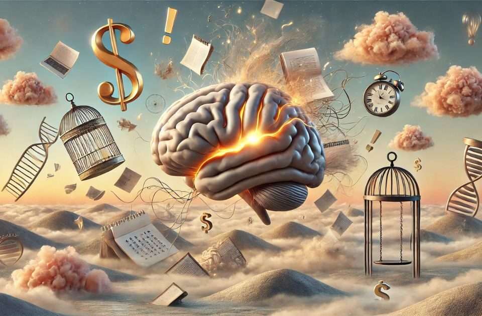 Ilustração surrealista de um cérebro simbolizando a exaustão mental, cercado por elementos visuais que representam sobrecarga cognitiva, tensão emocional e limites ignorados.