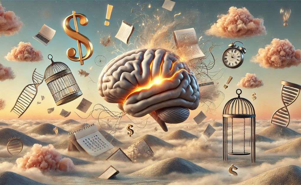 Ilustração surrealista de um cérebro simbolizando a exaustão mental, cercado por elementos visuais que representam sobrecarga cognitiva, tensão emocional e limites ignorados.