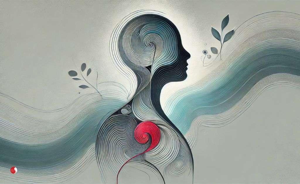 Importância das emoções representada por figura abstrata com linhas fluidas e formas simbólicas.