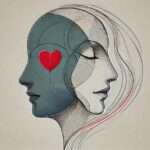 Ilustração minimalista abstrata: dois perfis humanos sobrepostos com traços lineares finos e um coração vermelho no centro da cabeça, simbolizando inteligência emocional e autoconhecimento.