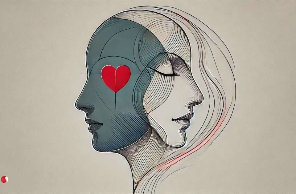 Ilustração minimalista abstrata: dois perfis humanos sobrepostos com traços lineares finos e um coração vermelho no centro da cabeça, simbolizando inteligência emocional e autoconhecimento.