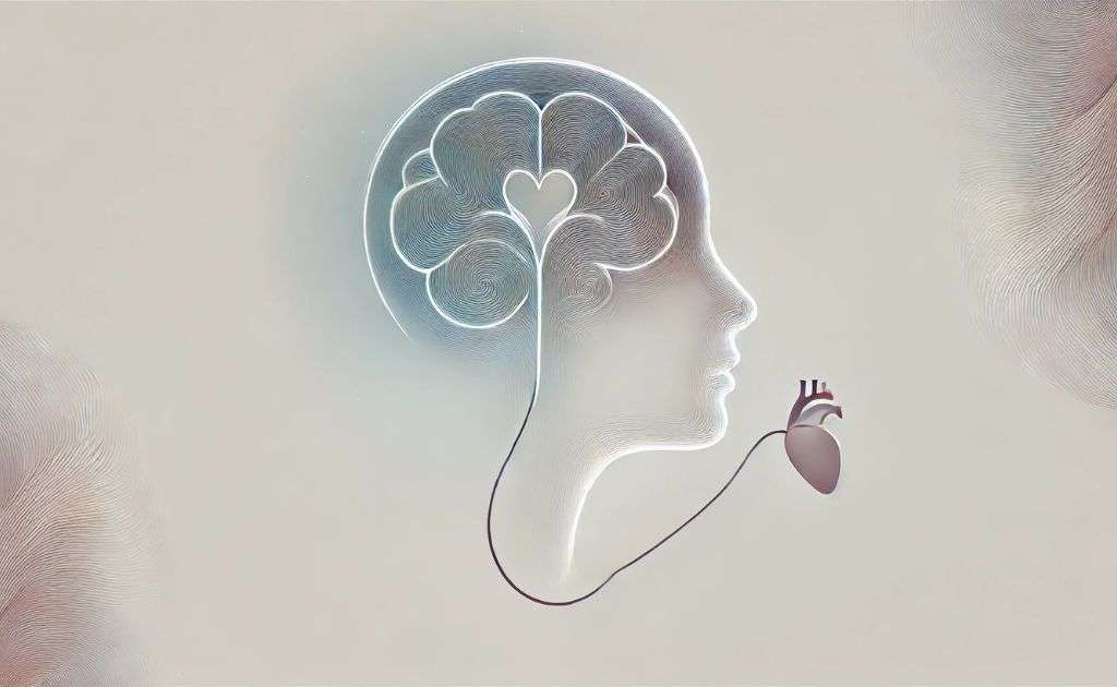 Ilustração conceitual minimalista de perfil humano com cérebro em forma de flor e coração conectado, representando a integração entre emoções e razão no conteto de inteligência emocional e autoconhecimento