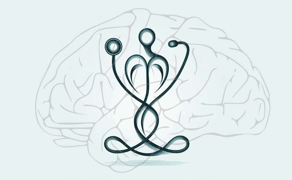 Representação abstrata da integração entre medicina e psicologia sobreposta a um cérebro humano.